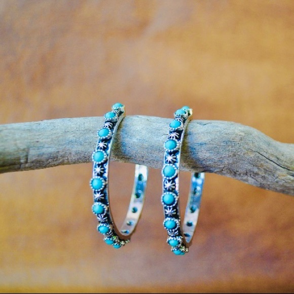 Antique Silver Turquoise Hoop Earrings - Picture 2 of 7